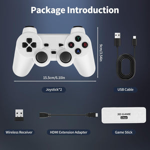RetroStick package contents: two wireless controllers, USB cable, receiver, HDMI adapter, game stick