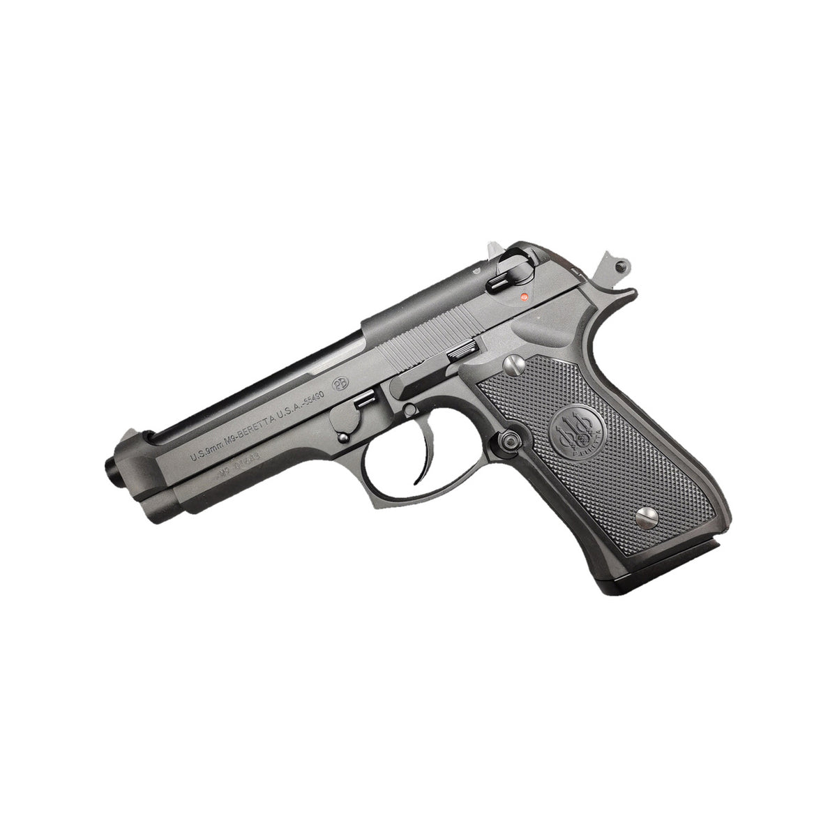 Black Beretta M92F metal blowback gel blaster shown from the right on a white background