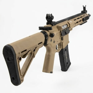 F4 Superior tan gel blaster, rear three-quarter view showing stock